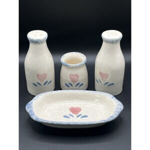 Blue Heart Stoneware  Salt Pepper Shakers Plate Toothpick Holder Cottagecore